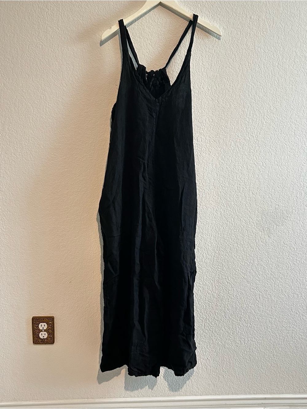Meo Meli Linen Jumpsuit Black One Size Wide Leg Sleeveless Lagenlook Halter Boho
